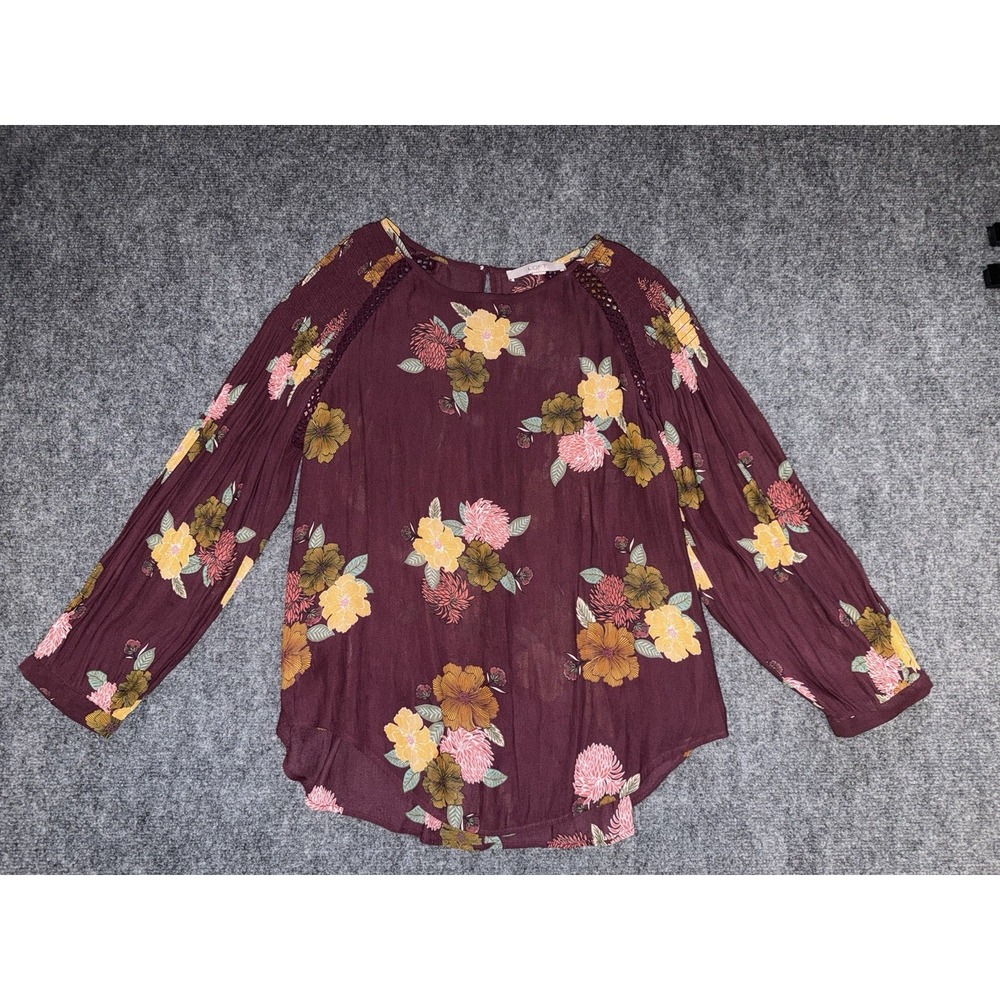 LOFT Floral Blouse Burgundy Boho Top Medium Fall Long Sleeve